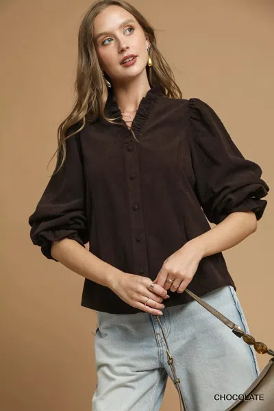 Truedames Corduroy Ruffle Shirt With Long Puff Sleeves In Brown