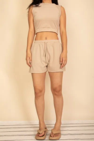 Truedames Cotton French Terry Crop Top & Shorts Set In Neutral