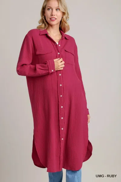 Truedames Cotton Gauze Button Down Shirt Dress In Pink