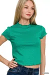 Truedames Cotton Modal Slub Lettuce Trimmed Cropped T-shirt In Green