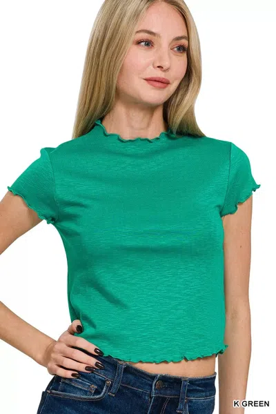 Truedames Cotton Modal Slub Lettuce Trimmed Cropped T-shirt In Green