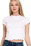 Truedames Cotton Modal Slub Lettuce Trimmed Cropped T-shirt In White