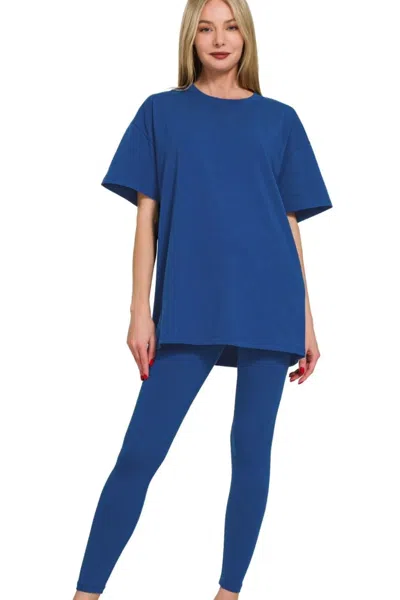 Truedames Cotton Round Neck Top & Legging Set In Blue