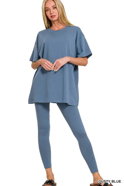 Truedames Cotton Round Neck Top & Legging Set In Blue