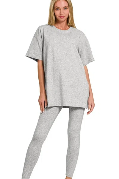 Truedames Cotton Round Neck Top & Legging Set In Gray
