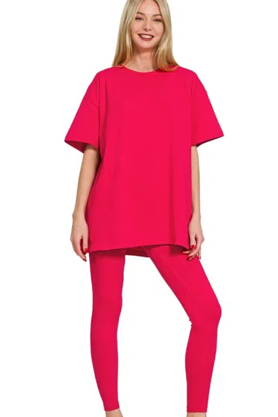 Truedames Cotton Round Neck Top & Legging Set In Pink