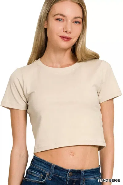 Truedames Cotton Short Sleeve Round Neck Cropped Top In Neutral