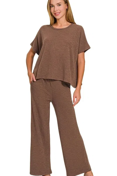 Truedames Cotton Slub Top & Pants Set In Brown