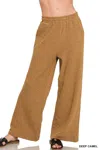 Truedames Cotton Slub Wide Leg Pants In Brown