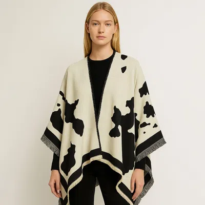 Truedames Cow Pattern Print Ruana Poncho In Beige