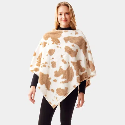 Truedames Cow Patterned Soft Faux Fur Poncho In Sand