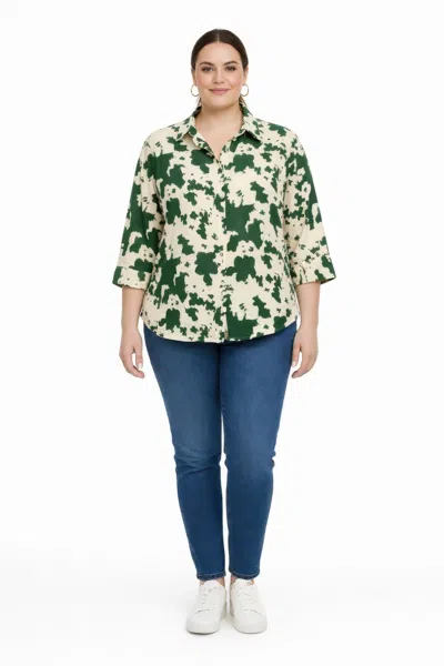 Truedames Cow Print 3/4 Sleeve Button-up Shirt In Green