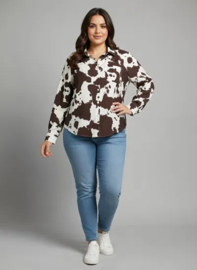 Truedames Cow Print Long Sleeve Button-up Shirt In Multi