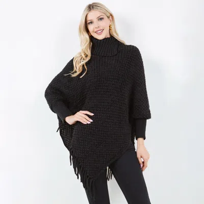 Truedames Cowl Neck Fringe Hem Knit Poncho In Black