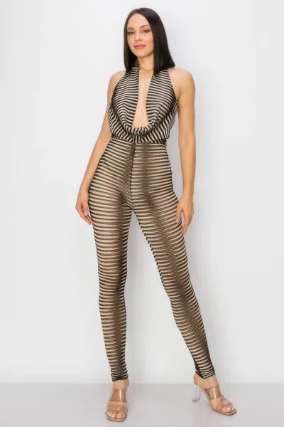 Truedames Cowl Neck Knit Mesh Jumpsuit In Gray
