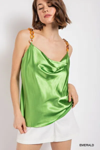 Truedames Cowl Neck Satin Camisole With Chain Strap In Green