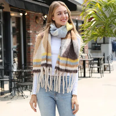 Truedames Cozy Chunky Geometric Plaid Oblong Fringe Winter Scarf In Brown