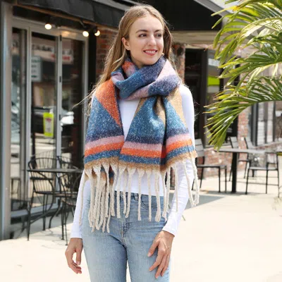 Truedames Cozy Chunky Geometric Plaid Oblong Fringe Winter Scarf In Multi
