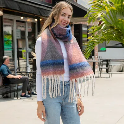 Truedames Cozy Chunky Geometric Plaid Oblong Fringe Winter Scarf In Pink
