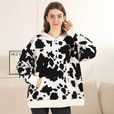 Truedames Cozy Cow Pattern Hooded Sweater With Pocket In Multi