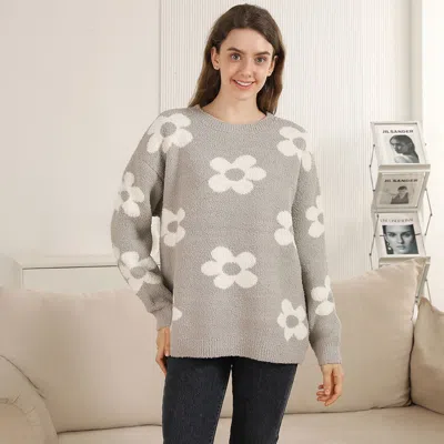 Truedames Cozy Daisy Pattern Crew Neck Sweater In Gray