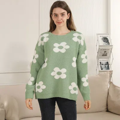 Truedames Cozy Daisy Pattern Crew Neck Sweater In Green