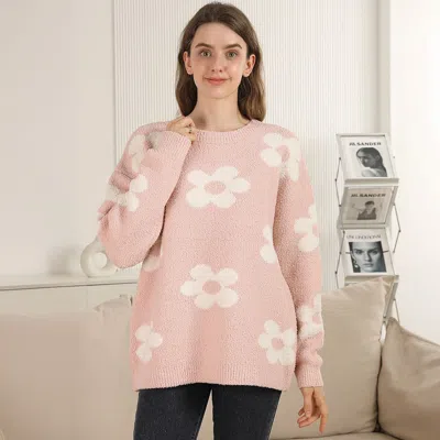 Truedames Cozy Daisy Pattern Crew Neck Sweater In Pink