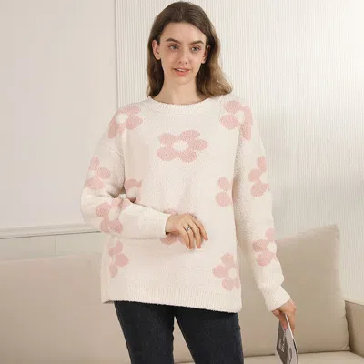 Truedames Cozy Daisy Pattern Crew Neck Sweater In Pink