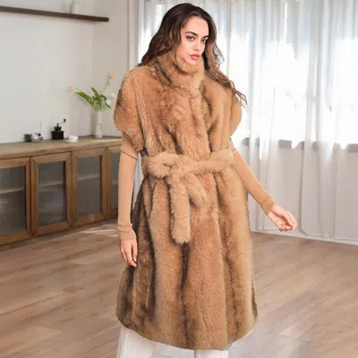 Truedames Cozy Faux Fur Long Belted Vest In Beige