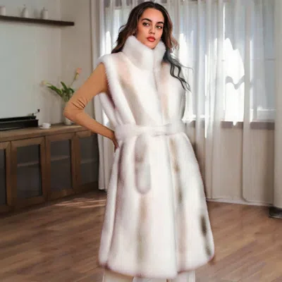 Truedames Cozy Faux Fur Long Belted Vest In Multi