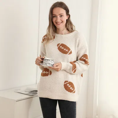 Truedames Cozy Football Crew Neck Sweater In Neutral