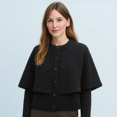 Truedames Cozy Knit Button Front Cape Poncho In Black