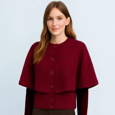 Truedames Cozy Knit Button Front Cape Poncho In Red
