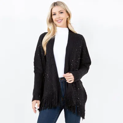 Truedames Cozy Open Front Rhinestone Sequin Sparkle Fringe Trim Kimono Poncho In Black