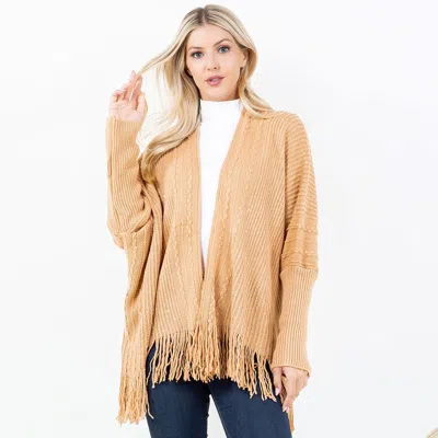 Truedames Cozy Open Front Rhinestone Sequin Sparkle Fringe Trim Kimono Poncho In Neutral