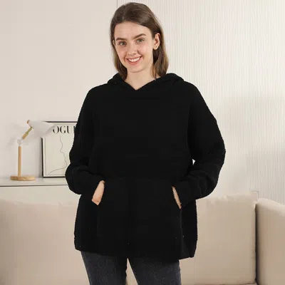 Truedames Cozy Solid Color Hooded Sweater With Pocket In Black
