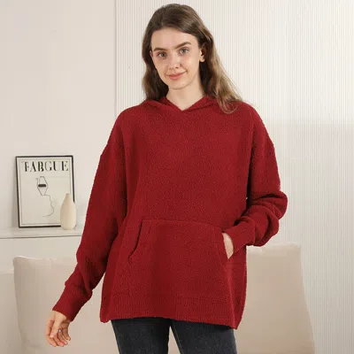 Truedames Cozy Solid Color Hooded Sweater With Pocket In Red