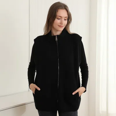 Truedames Cozy Solid Oversized Zipper Front Pocket Sweater Vest In Black