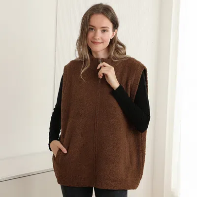 Truedames Cozy Solid Oversized Zipper Front Pocket Sweater Vest In Brown