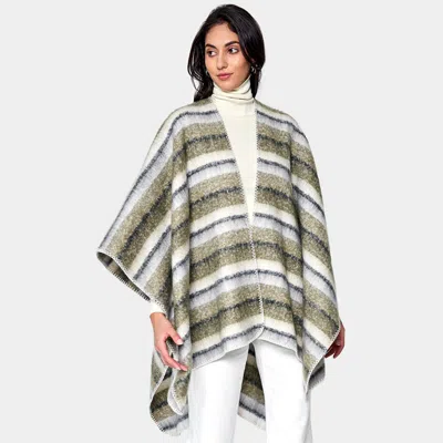 Truedames Cozy Striped Three Tone Ruana Poncho In Green