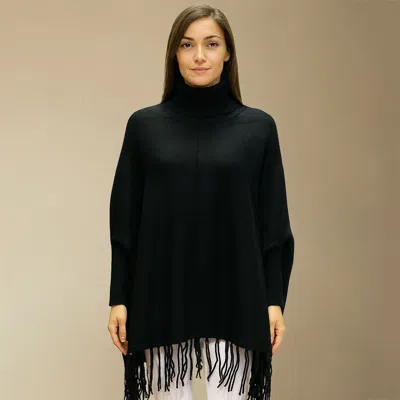Truedames Cozy Turtleneck Fringe Hem Poncho In Black