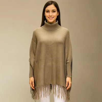 Truedames Cozy Turtleneck Fringe Hem Poncho In Gold