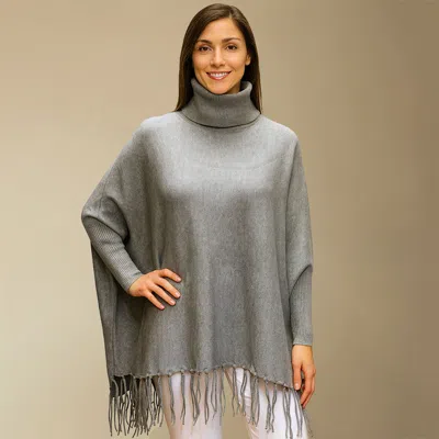 Truedames Cozy Turtleneck Fringe Hem Poncho In Gray