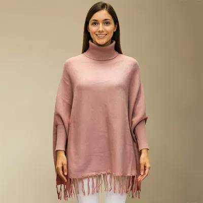 Truedames Cozy Turtleneck Fringe Hem Poncho In Pink
