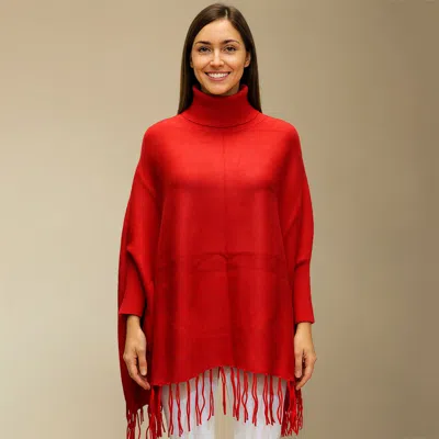 Truedames Cozy Turtleneck Fringe Hem Poncho In Red