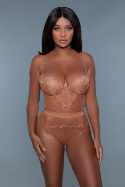 Truedames Crafted Lace Bodysuit With Scalloped Edges And Back Closure In Brown