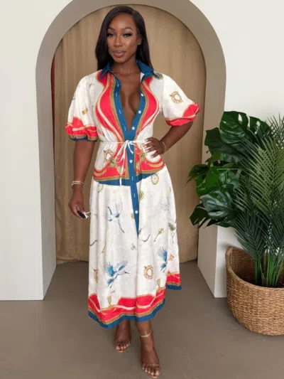 Truedames Crane & Nautical Belted Midi Dress Ivory Multi