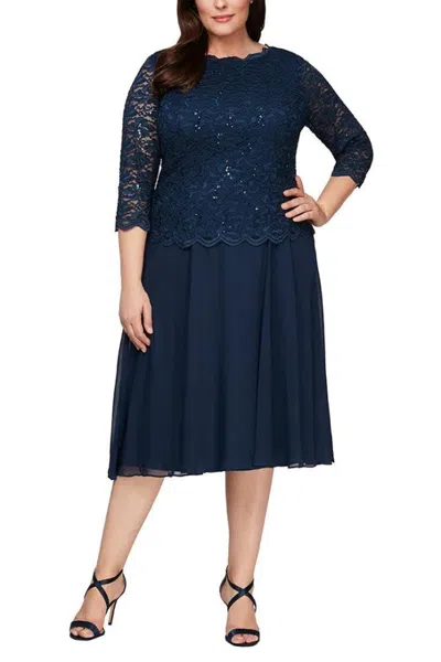 Truedames Crew Neck 3/4 Sleeve Lace Bodice & Chiffon Skirt (plus Size) In Blue