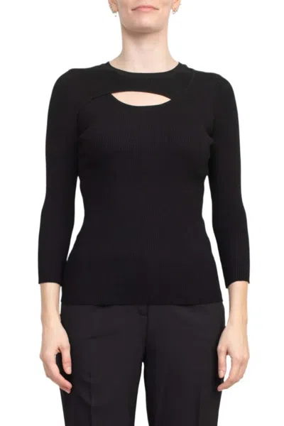 Truedames Crew Neck 3/4 Sleeve Ribbed Pullover Cutout Chest Detail Knit Top In Black