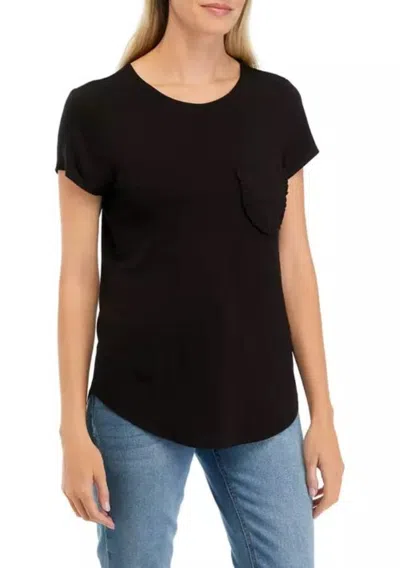 Truedames Crew Neck Cap Sleeve Chest Pocket Stretch Crepe Top In Black